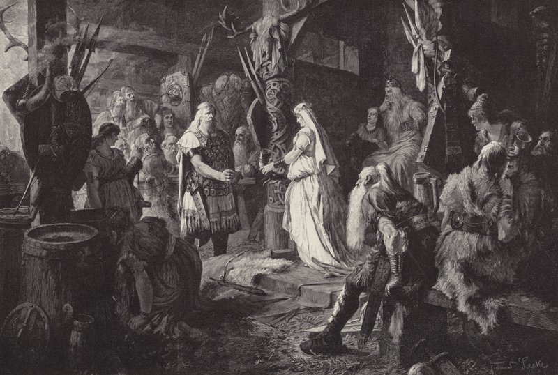 Frithjof bei Konig Ring (Frithjof no hall do King Ring) (gravura) de Ferdinand Leeke
