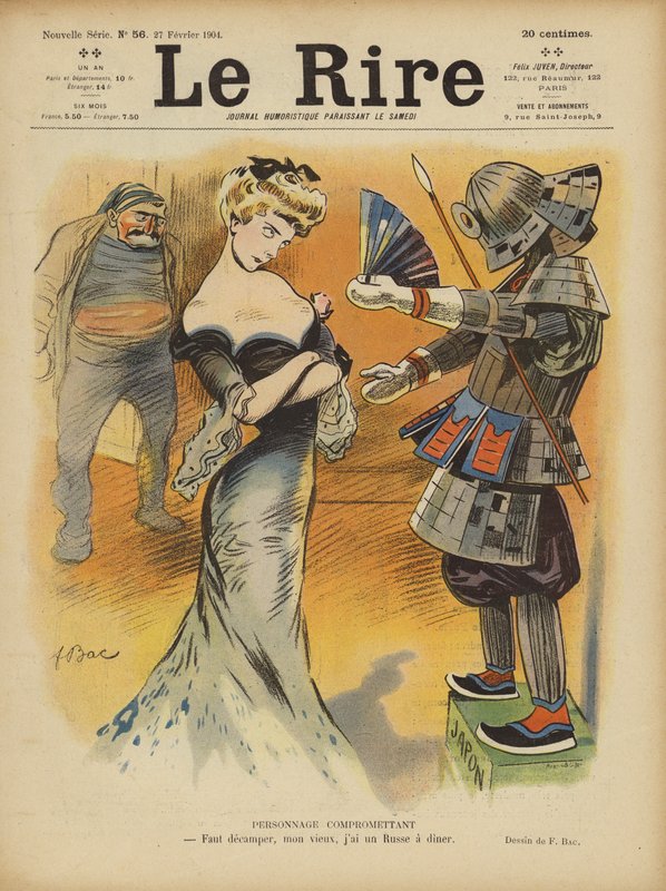 Sátira sobre as relações da França com o Japão à medida que aumentavam as tensões entre os japoneses e a França (cor litho) de Ferdinand Sigismund Bac