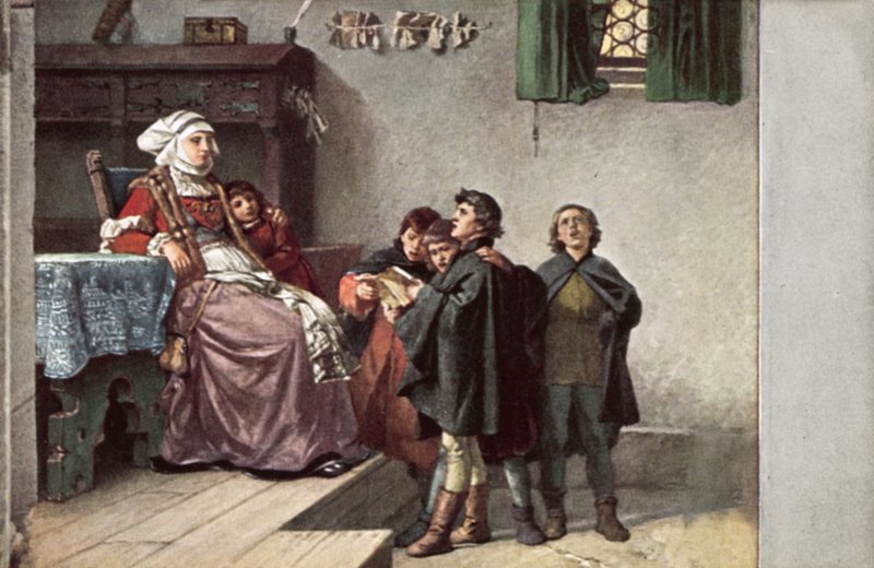 Martin Luther cantando para Frau Cotta quando era estudante em Eisenach, Alemanha, 1499 de Ferdinand Wilhelm Pauwels