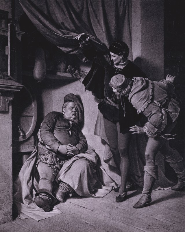Cena do Rei Henrique IV de Shakespeare, Parte 1 (Acto II, Cena 4) (litho) de Ferdinand the Elder Piloty