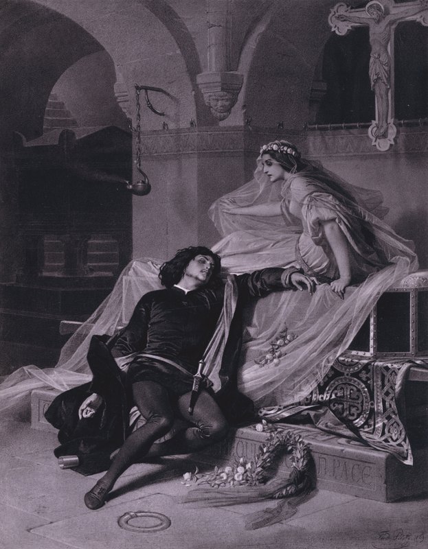 Cena de Romeu e Julieta de Shakespeare (Acto V, Cena 3) (litho) de Ferdinand the Elder Piloty