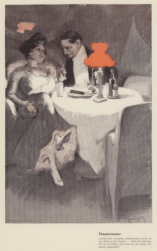 Conversa entre um director de teatro e uma actriz num café (cor litho) de Ferdinand von Reznicek