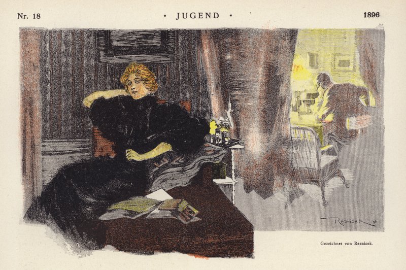 Mulher em casa à noite (cor litho) de Ferdinand von Reznicek