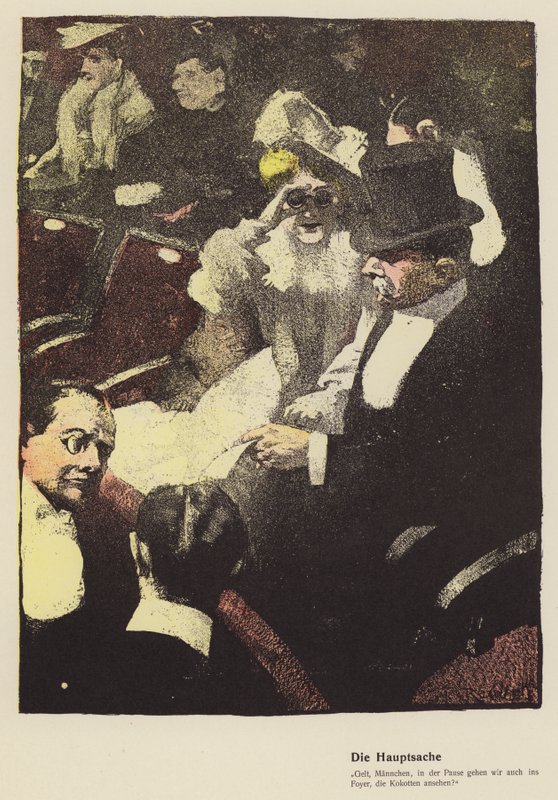 Mulher olhando através de um par de óculos de ópera no teatro (lito colorido) de Ferdinand von Reznicek