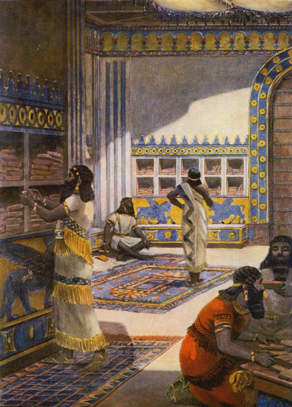 A famosa biblioteca do rei Ashur-bani-pal em Nínive (litografia a cores) de Fernand Le Quesne