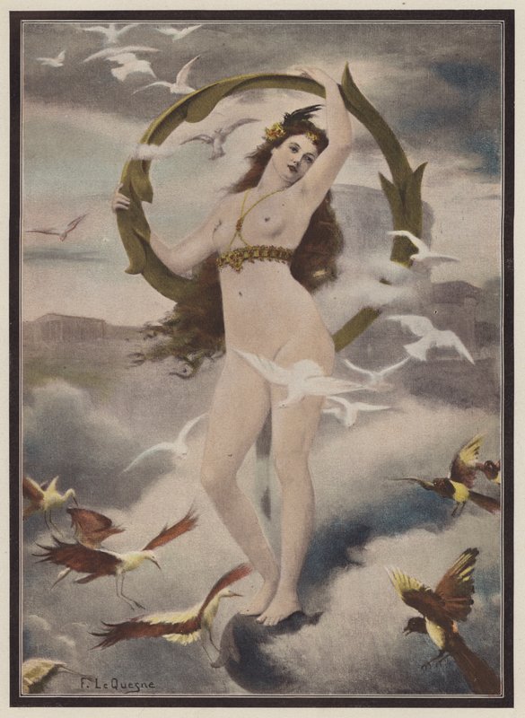 Mulher cercada por pássaros (lito colorido) de Fernand Le Quesne
