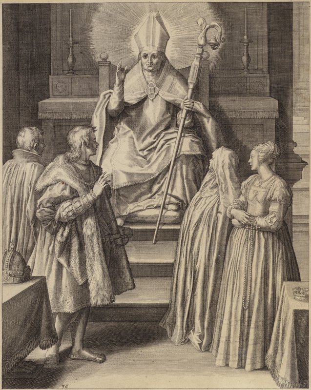 Uma figura em vestes episcopais está entronizada com um halo que emana de sua cabeça de Flemish School