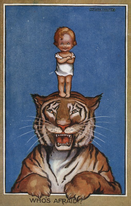 Bebé de pé sobre a cabeça de um tigre (litografia a cores) de Flora White