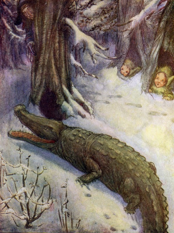 Crocodilo a fazer tique-taque (litografia a cores) de Flora White