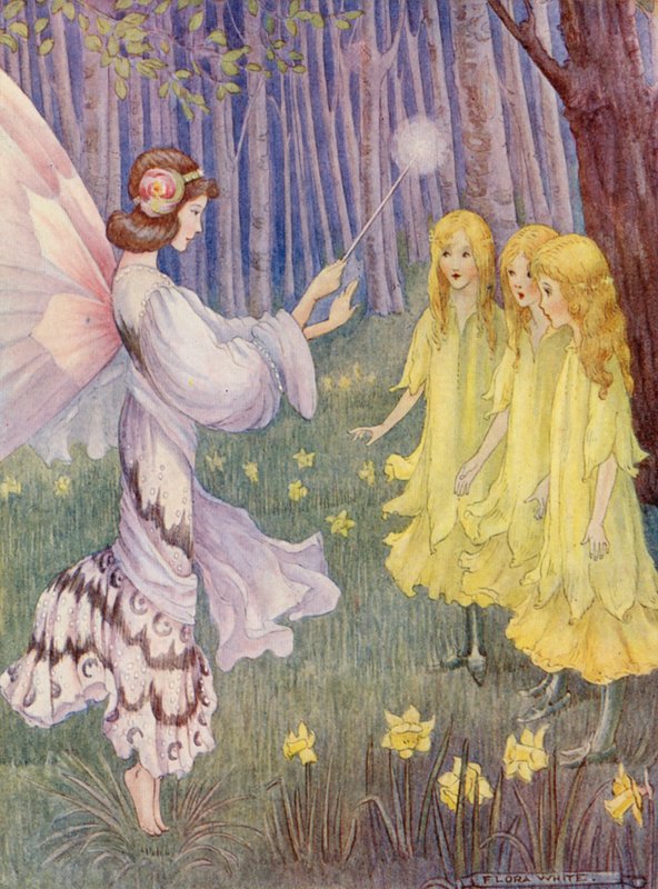 Nos lugares dos narcisos estavam três lindas donzelas altas (litografia a cores) de Flora White