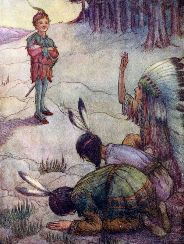 Índios saudando Peter Pan, como o Grande Pai Branco (litografia a cores) de Flora White