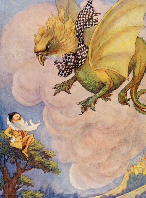 O Grifo viu um homenzinho amarelo sentado no cimo de uma árvore (litografia a cores) de Flora White