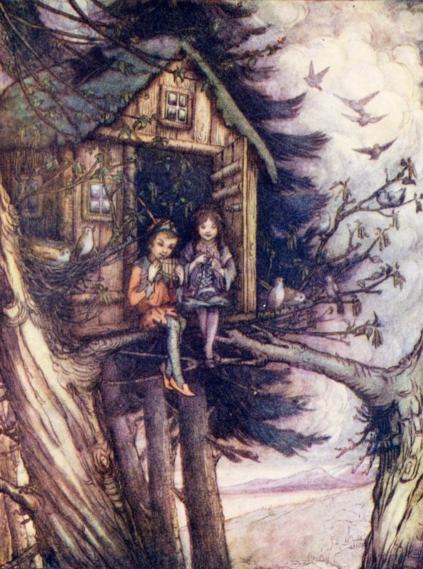 As copas das árvores, onde Wendy e Peter viviam felizes (litografia a cores) de Flora White