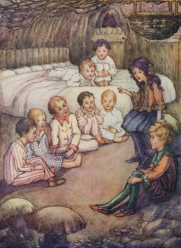 Casa subterrânea no bosque onde Wendy contava histórias (litografia a cores) de Flora White