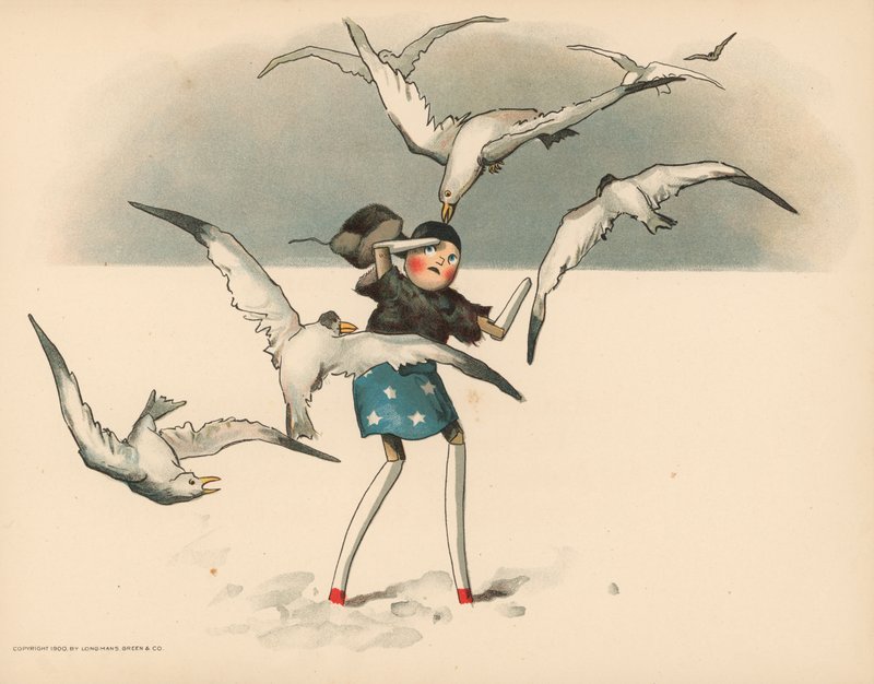 Ilustração para as aventuras polares de Golliwoggs de Florence K. Upton