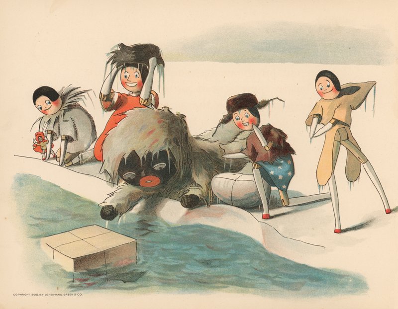 Ilustração para as aventuras polares de Golliwoggs de Florence K. Upton
