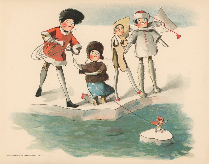 Ilustração para as aventuras polares de Golliwoggs de Florence K. Upton