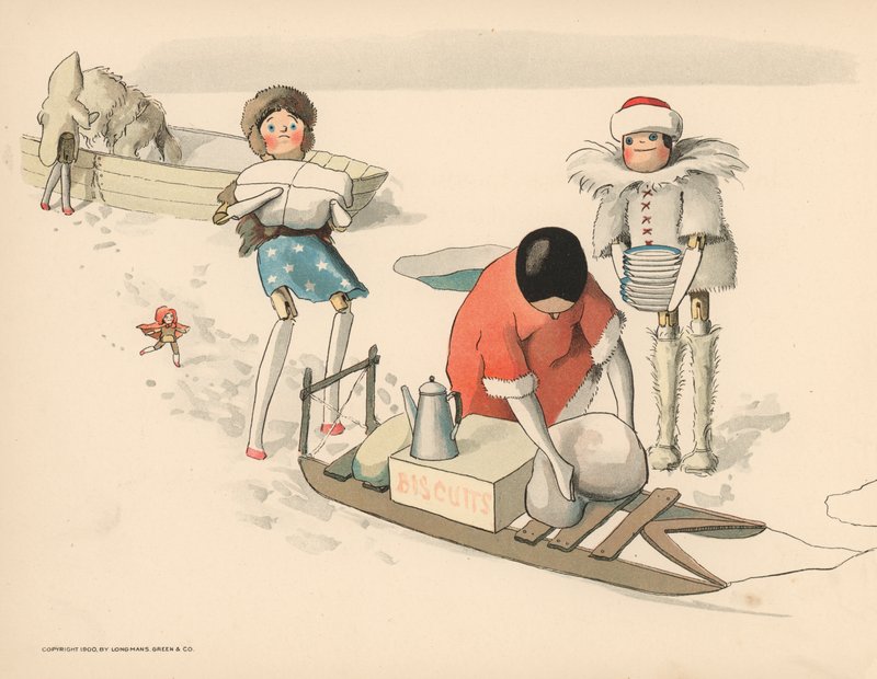 Ilustração para as aventuras polares de Golliwoggs de Florence K. Upton