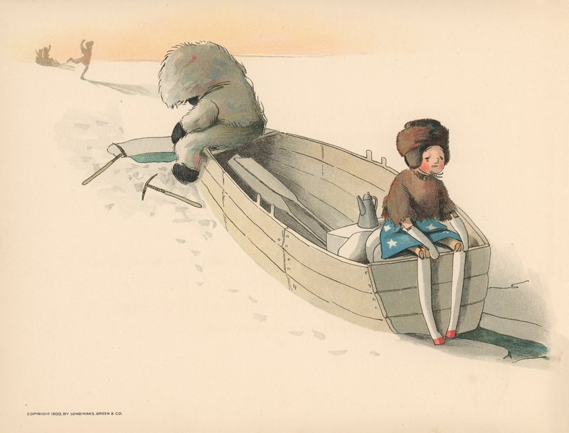 Ilustração para as aventuras polares de Golliwoggs de Florence K. Upton