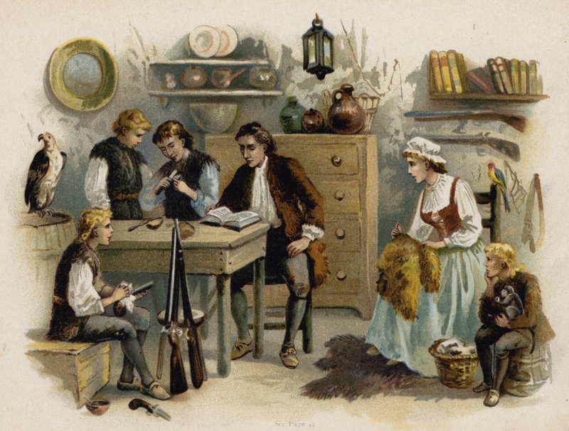 Cena de The Swiss Family Robinson: Leitura do pai à família no Castelo de Rock (chromolitho) de Florence Maplestone