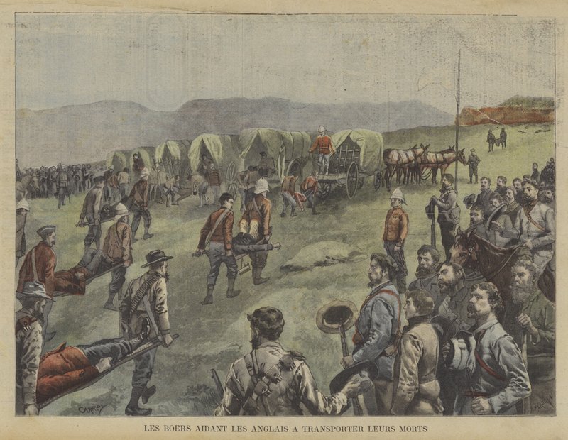 Boers ajudando os britânicos a mover seus mortos do campo de batalha de Fortune Louis Meaulle