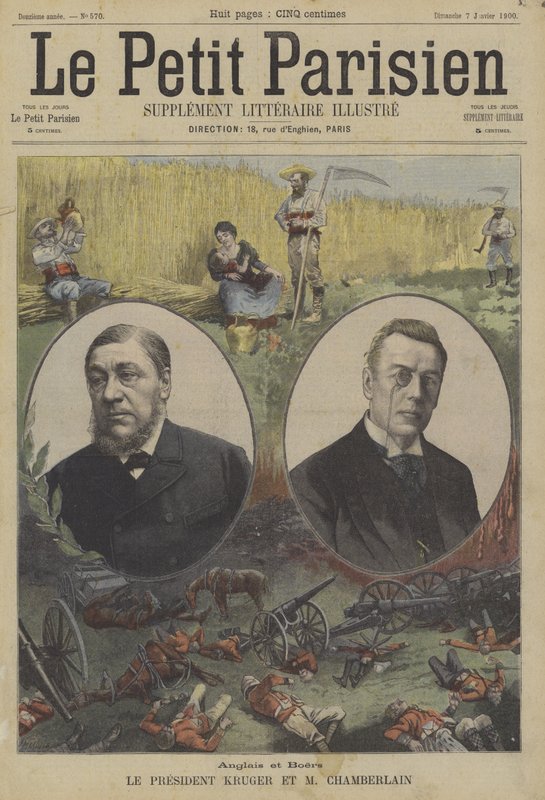 Britânicos e bôeres: Presidente Kruger de Transvaal e Joseph Chamberlain, Secretário Britânico de Estado para as Colônias de Fortune Louis Meaulle