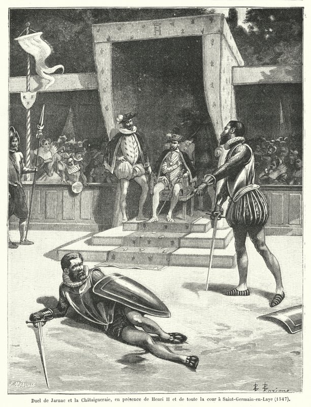 Duelo entre Guy Cabot de Jarnac e François de Vivonne, Seigneur de la Chataigneraie em frente ao Rei Henrique II de França e toda a sua corte em St Germain-en-Laye de Fortune Louis Meaulle