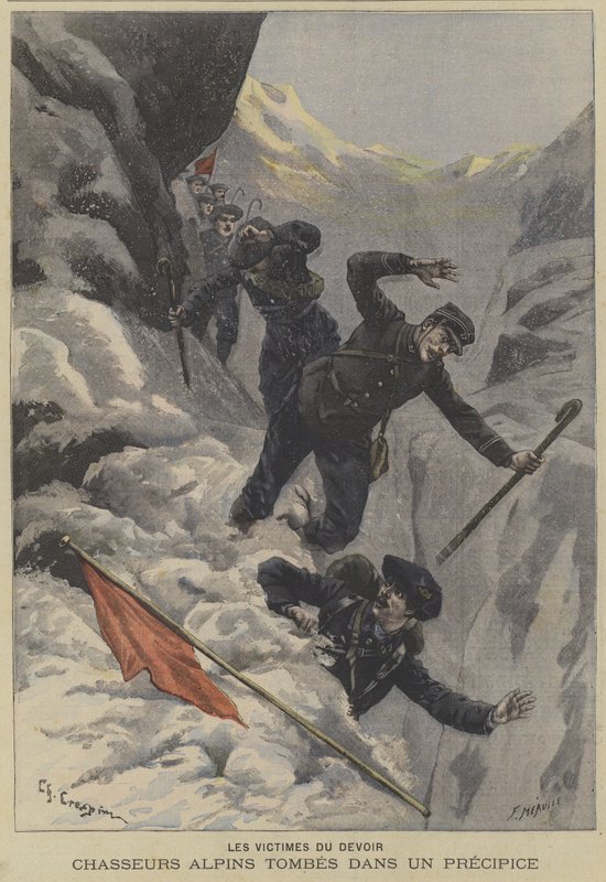 Chasseurs franceses tropas de montanha Alpins caindo sobre um precipício de Fortune Louis Meaulle