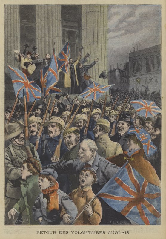 Soldados da Cidade de Londres, Voluntários Imperiais, marchando por Londres em seu retorno da Guerra dos Bôeres de Fortune Louis Meaulle