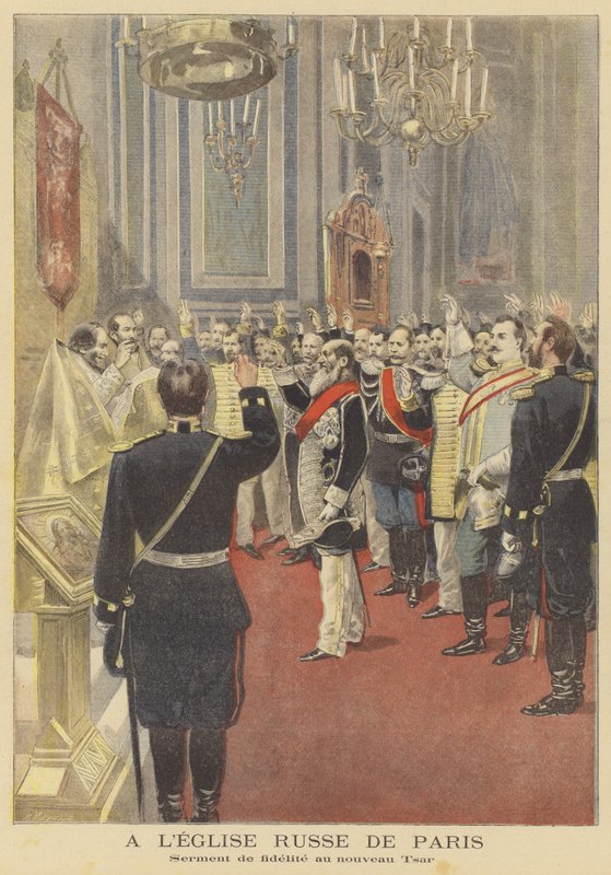 Jurando o juramento de lealdade ao novo czar na Igreja Russa em Paris de Fortune Louis Meaulle
