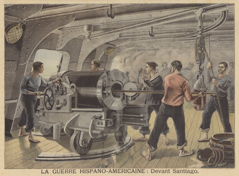 A guerra hispano-americana: a bordo de um navio de guerra fora de Santiago de Cuba de Fortune Louis Meaulle
