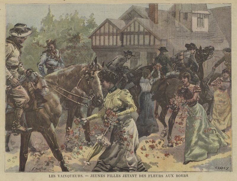 Meninas jovens, flores jogando, em, vitorioso, Boer, tropas, em, áfrica sul de Fortune Louis Meaulle