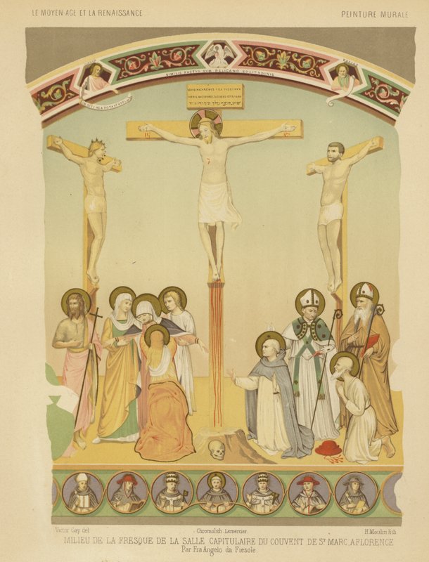 A crucificação de Jesus Cristo, afresco no convento de San Marco, Florença (chromolitho) de Fra (after) Angelico
