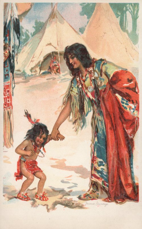 Um, nativo americano, mulher segura, mãos, com, dela, criança de Frances Brundage