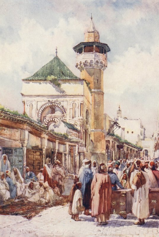 Mesquita de Sidi Ben Ziad, Túnis, dia de leilão (litografia a cores) de Frances Nesbitt