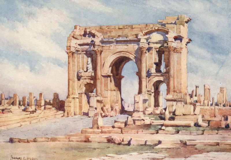 Arco de Trajano, Timgad (litografia a cores) de Frances Nesbitt