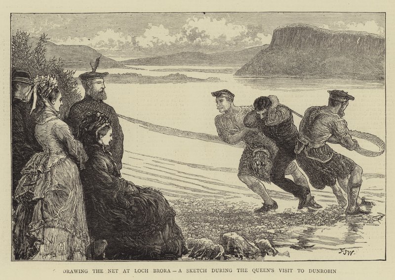 Desenhar a rede no Loch Brora, um esboço durante a visita da rainha ao Dunrobin de Francis S. Walker