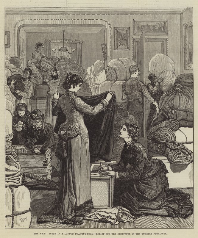 A Guerra, Cena em uma Sala de Estar em Londres, Alívio para os Desamparados nas Províncias Turcas de Francis S. Walker