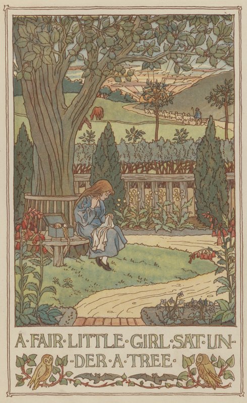 Uma menina bonita sentada debaixo de uma árvore (litografia a cores) de Francis Donkin Bedford