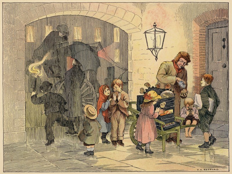 Livro de Lojas de Bedford: Batatas quentes (litografia a cores) de Francis Donkin Bedford