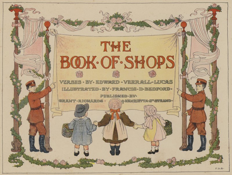 Livro de Lojas de Bedford: Página de rosto (litografia a cores) de Francis Donkin Bedford