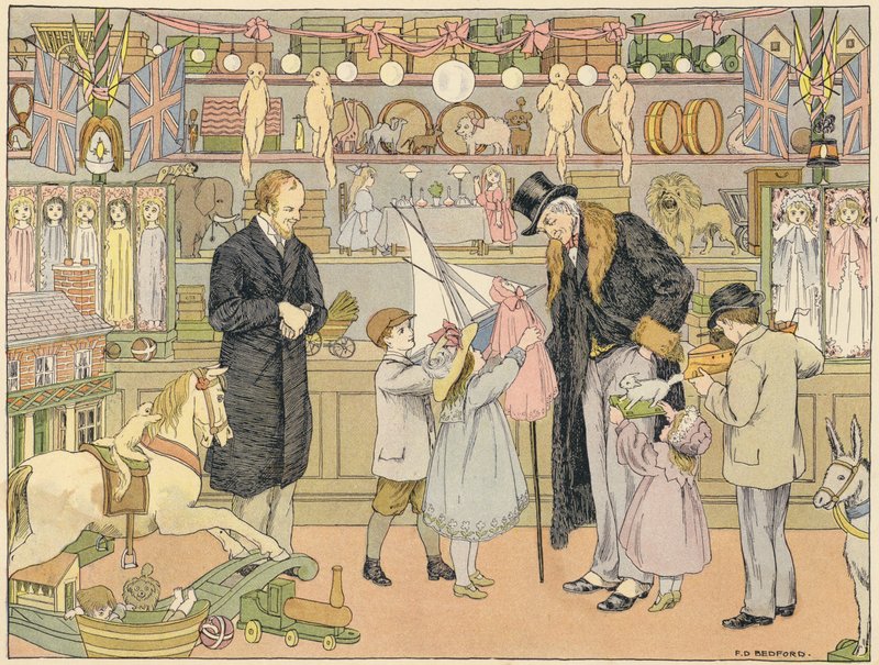 Livro de Lojas de Bedford: Loja de brinquedos (litografia a cores) de Francis Donkin Bedford