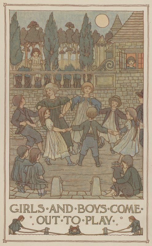 Meninas e meninos saem para brincar (litografia a cores) de Francis Donkin Bedford