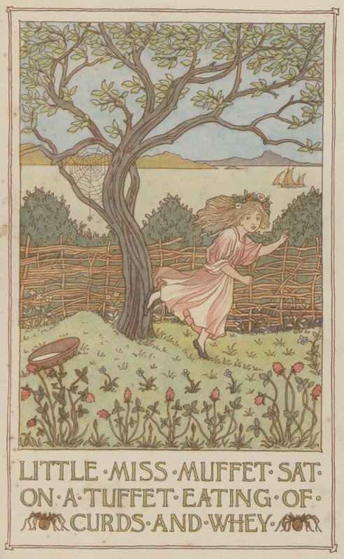 A pequena Miss Muffet sentada num tuffet a comer coalhada e soro de leite (litografia a cores) de Francis Donkin Bedford