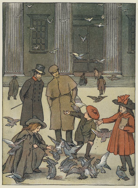 Londres: The Museum Pigeons (litografia a cores) de Francis Donkin Bedford