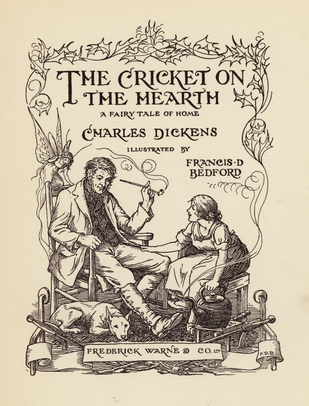 Ilustração da página de rosto de "O Grilo na Lareira" de Charles Dickens (litografia a cores) de Francis Donkin Bedford
