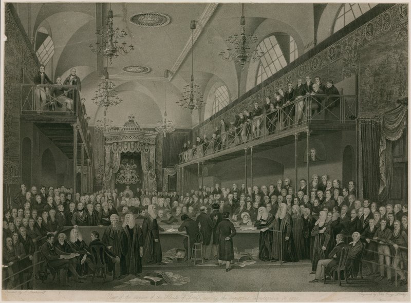 Vista do interior da Câmara dos Lordes durante a importante investigação em 1820 (gravura) de Francis Phillip (after) Stephanoff