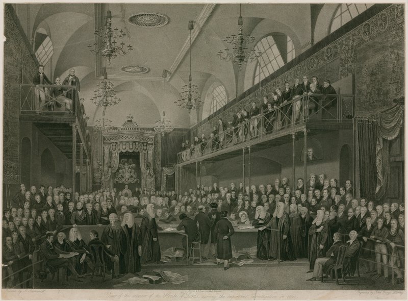Interior da Câmara dos Lordes, Westminster, Londres, durante a importante investigação em 1820 de Francis Phillip Stephanoff