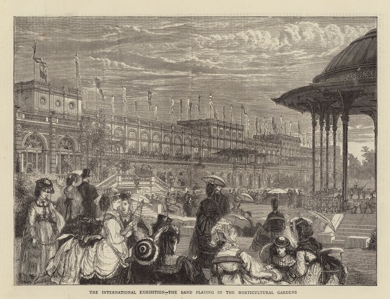 A exposição internacional, a banda tocando nos jardins hortícolas de Francis S. Walker