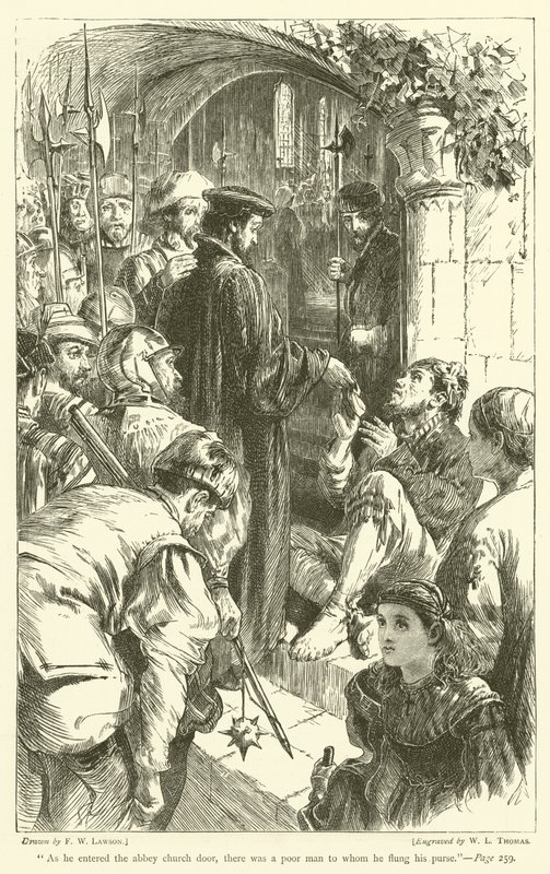 Quando ele entrou na porta da igreja da abadia, havia um homem pobre a quem ele arremessou sua bolsa de Francis Wilfred Lawson